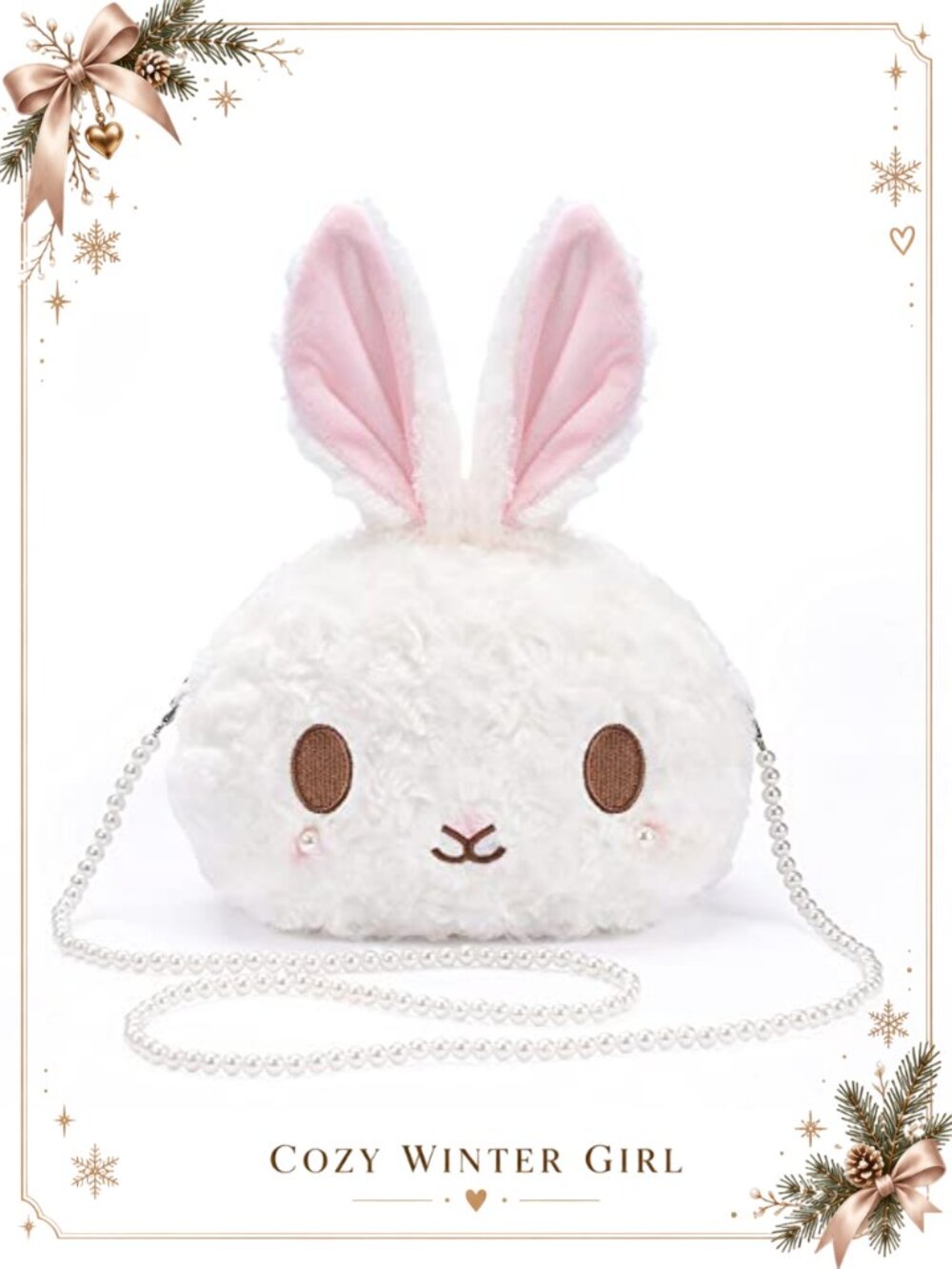 Kawaii Bunny Plush Crossbody Bag with Detachable Pearl Chain Strap